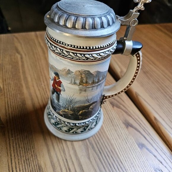 Other - Vintage Fishing Man Ceramic Collectible Beer Stein with Fine Pewter Flip Lid